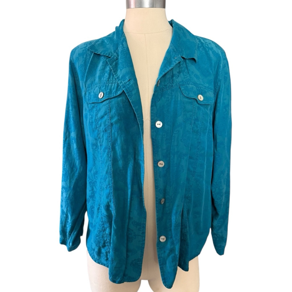 CHICOS womens teal paisley button down shirt